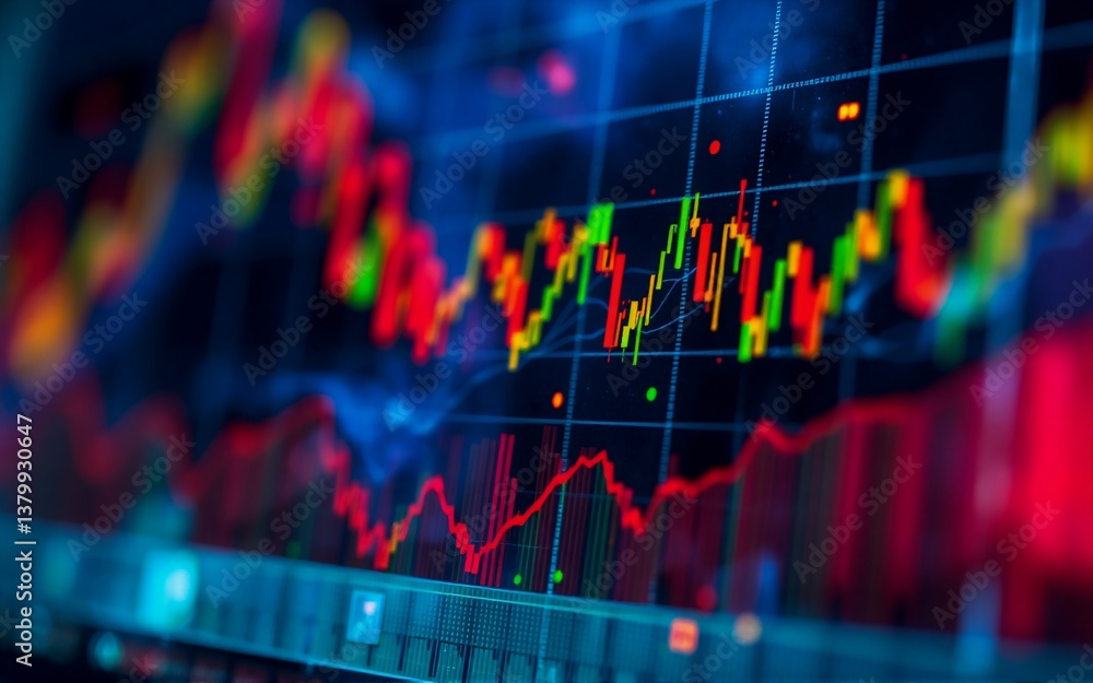 Poster An image showcasing a digital display. It features fluctuating lines and a grid, suggesting trends, data, and markets. The colors are vibrant, creating a dynamic visual representation. Hints: finance,