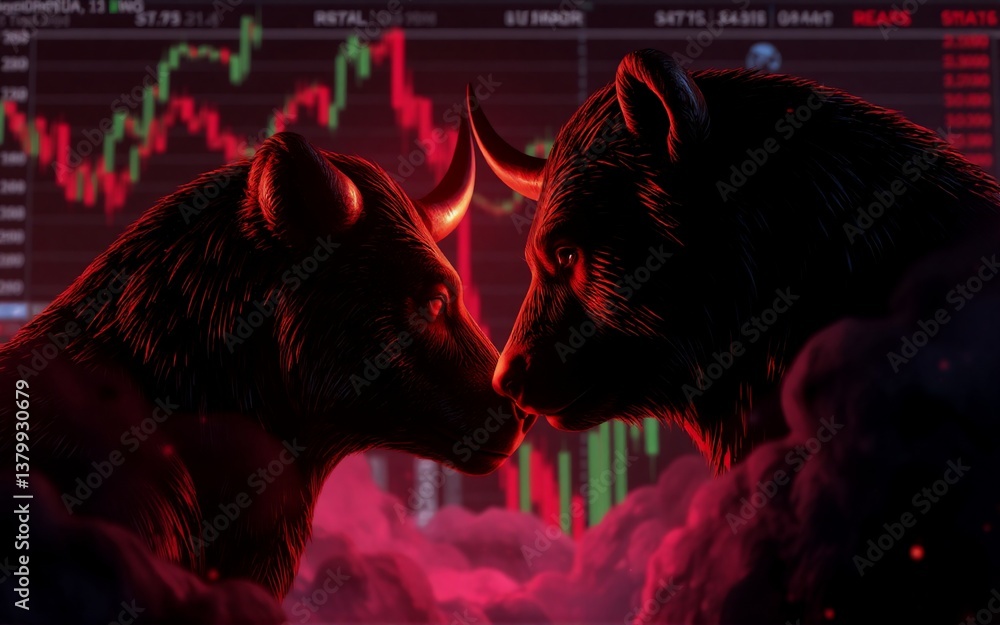 Leinwandbilder a powerful image showcasing a bull and a bear in a confrontation. the backdrop displays stock market