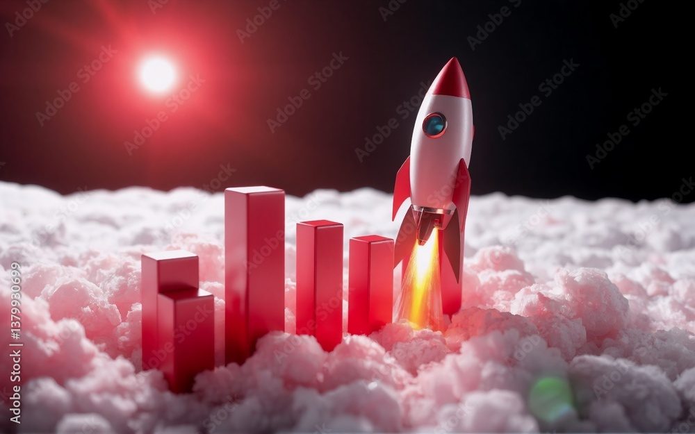 Poster A rocket launches over fluffy clouds and red bar graphs under a red sun. Illustrating concepts of growth, success, and reaching goals with a visual metaphor.
