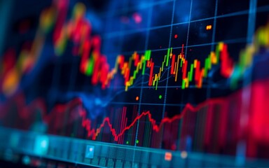 An image showcasing a digital display. It features fluctuating lines and a grid, suggesting trends, data, and markets. The colors are vibrant, creating a dynamic visual representation. Hints: finance,