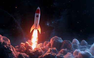 Fototapeta premium A rocket ship blasts off from a rocky surface, leaving a trail of fire against a dark, starry sky. The scene is illuminated by the rocket's fire. A hint of clouds can be seen below.