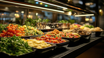 Fototapeta premium Buffet counter with vibrant assortment of warm main courses and side dishes including potatoes, cherry tomatoes, broccoli, meats, and vegetables, representing hearty lunch service