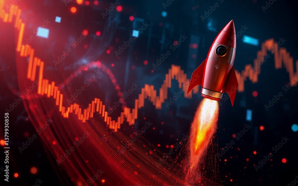 Aufkleber A red rocket ascends against a backdrop of a fluctuating chart with an energetic glow, showing financial concepts. Hints of data visualization and business growth are displayed.