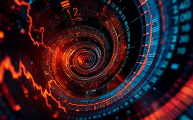 Dynamic swirling data visualization with orange and blue hues depicts technological advancement and complex systems. Hint: spiral tunnel.