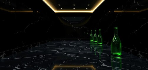 Dark room, polished marble, emerald green glass bottles, background, reflection