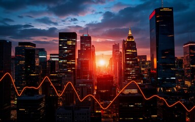 A cityscape at sunset with buildings silhouetted against a colorful sky. An orange waveform overlays the scene, hinting at financial activity or an economy's performance. The bright sun creates a vibr