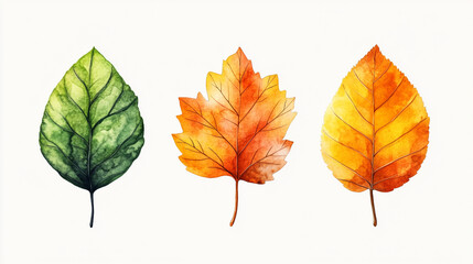 Watercolor painting of three autumn leaves in green orange and yellow on a white background art.