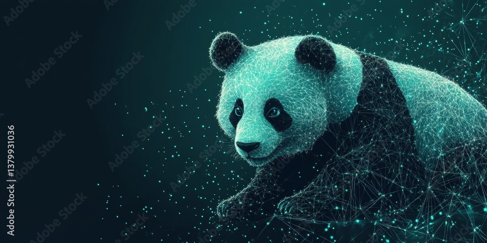 Poster neon panda. abstract polygonal wireframe style design. network connection on dark background