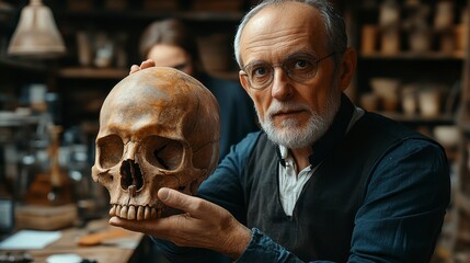 Man with skull. Interior with shelves, tools. Fellow blurred behind