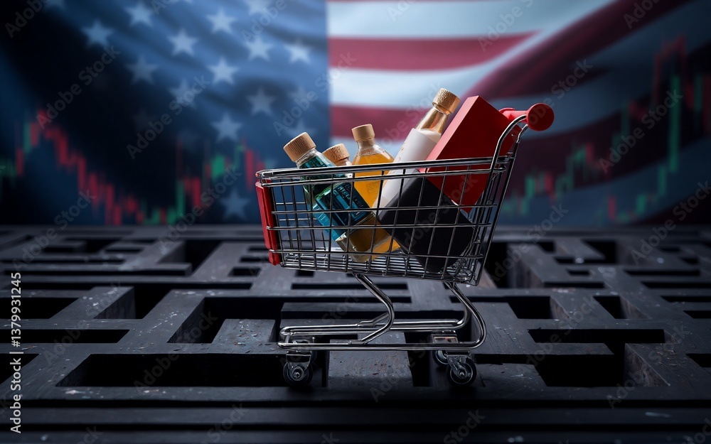 Poster a shopping cart, filled with various products, sits on a maze. the american flag and a stock market 