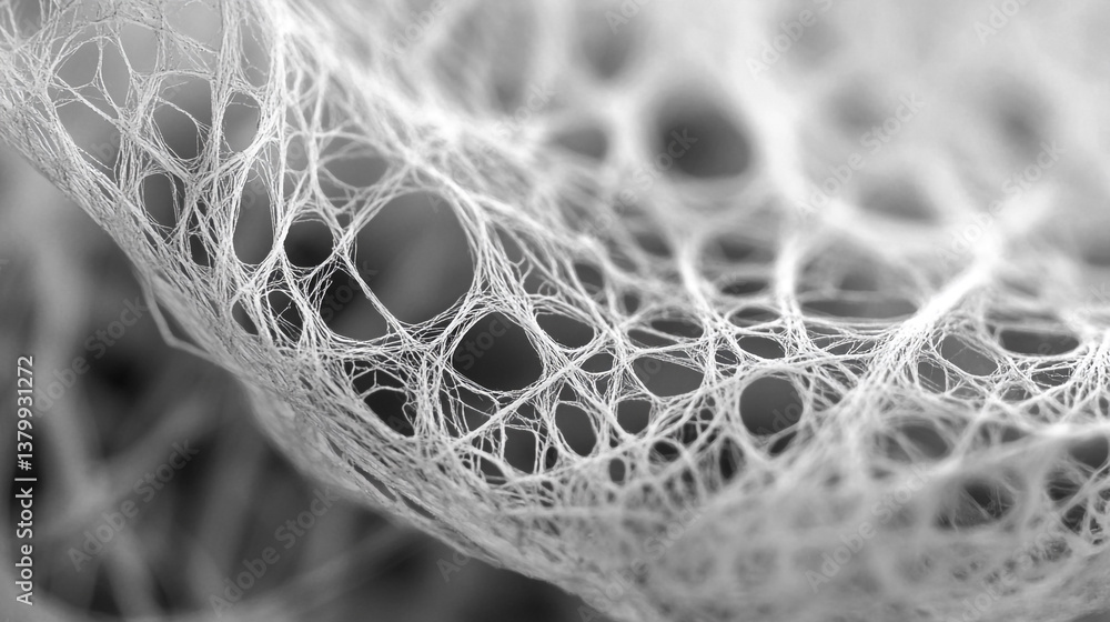 Poster close up of a white fibrous network with interconnected strands and irregular shaped openings in mon
