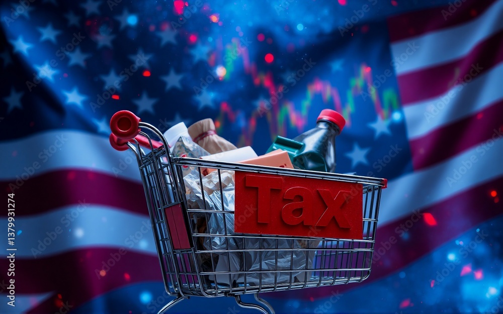 Poster The image showcases a shopping cart overflowing with items against the backdrop of an American flag and financial data. The cart, bearing the word 