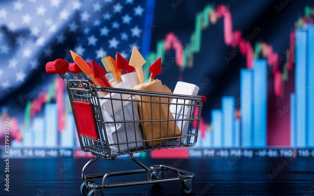 Aufkleber a shopping cart symbolizing consumerism stands before the us flag and market charts, a visual metaph