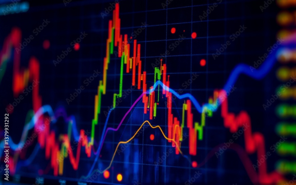 Poster visualizing financial data using colorful lines and points in a dark background. it represents marke