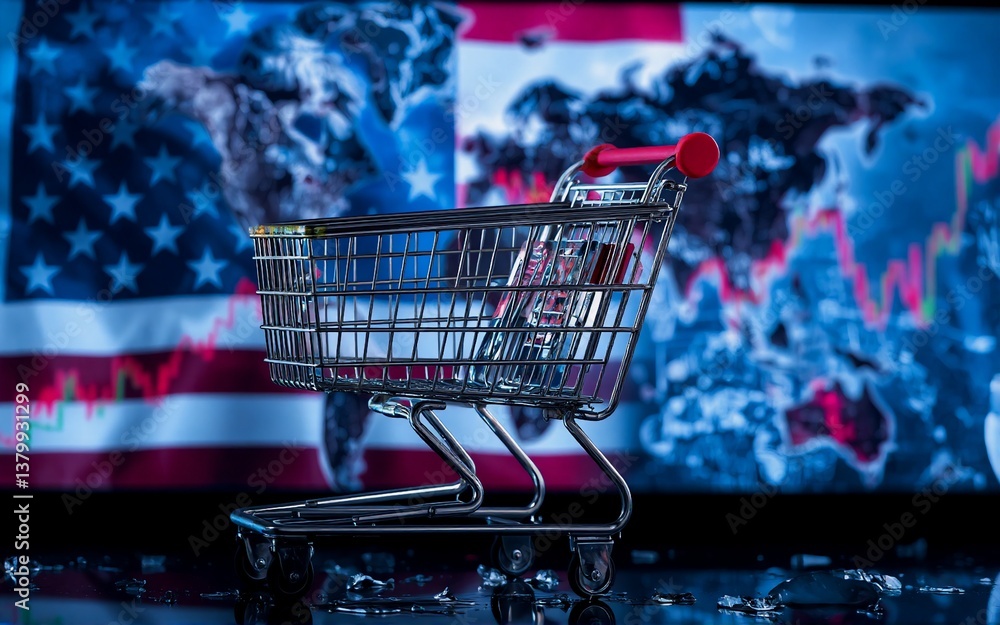Poster an empty shopping cart, representing consumerism, stands before a backdrop of a world map overlaid o