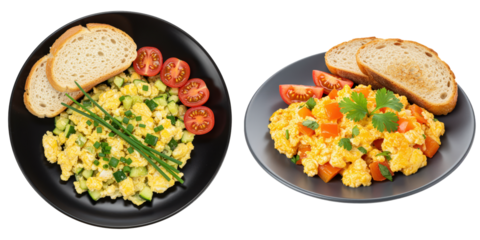 Two scrambled egg variations with vegetables and toast.