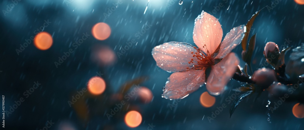 Aufkleber delicate cherry blossom in rain with soft glow of bokeh lights creating a dreamy atmosphere perfect 