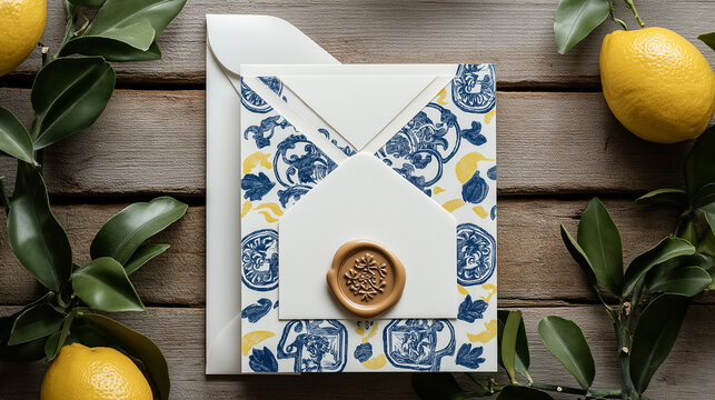 Vintage italian style card with blue, yellow pattern. Wax seal. Lemon motifs and foliage resting on weathered wooden surface. Mediterranean wedding stationery design