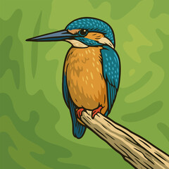 Kingfisher Bird Perched on Branch with Green Background Graphic Illustration