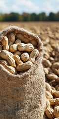 Obraz premium Burlap Sack Filled with Freshly Harvested Peanuts in a Peanut Field, Agriculture Background