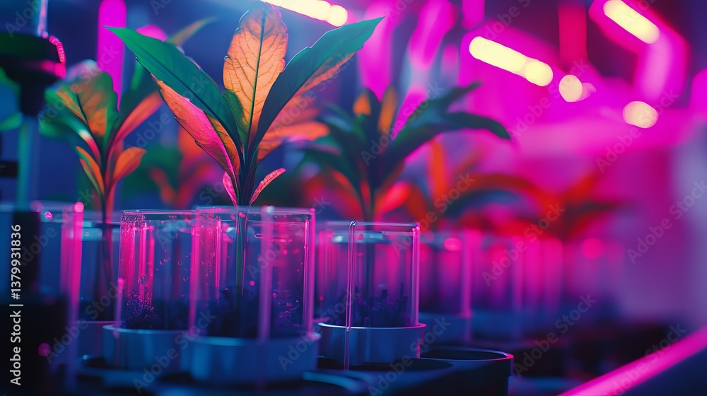 Poster plants growing in clear containers under artificial light in a laboratory environment setting