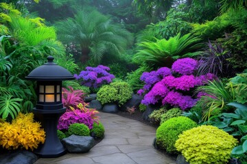 Obraz premium A tropical garden in Naples, Florida, with colorful orchids and exotic plants blooming in the sunshine