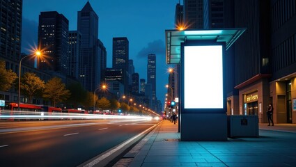 Obraz premium Blank white digital billboard at night city bus stop. Empty space for advertisement on urban street. Cars pass by. Evening time. City street. Public transport. Modern design. Empty screen. Mockup for