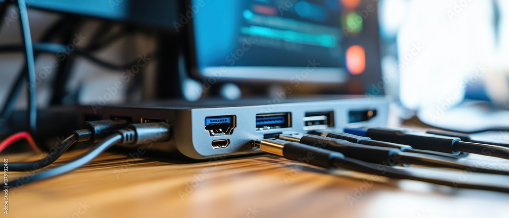 Poster detailed view of computer docking station with multiple cables and ports for connectivity in a moder