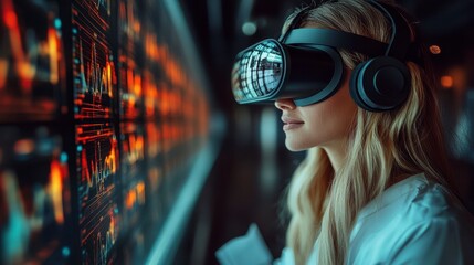 Woman explores virtual reality with headset, looking at glowing interactive screen