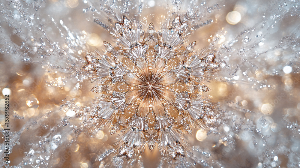 Aufkleber close up of a decorative snowflake ornament with a gold and silver color scheme and bokeh effects