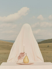Mysterious Figure: A person shrouded in an ethereal veil, illuminated by a flickering candle, accompanied by a pear on a plate, set amidst a picturesque landscape. 