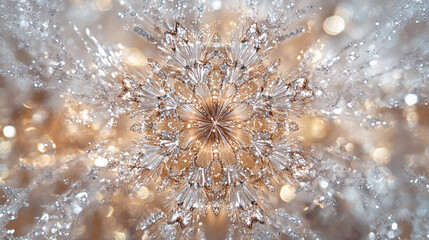 Close up of a decorative snowflake ornament with a gold and silver color scheme and bokeh effects