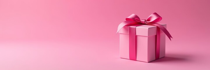 Obraz premium Single pink gift box with shiny ribbon and bow, packaging, deco, present