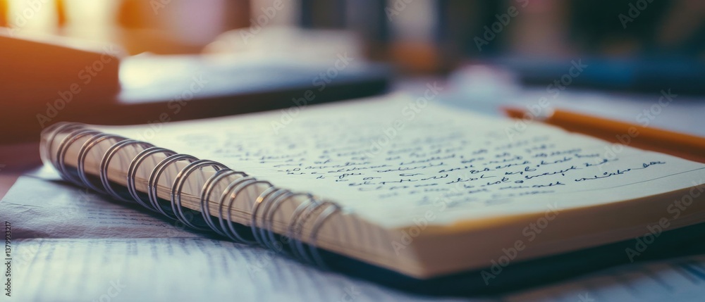 Poster close-up of open notebook with handwritten notes and a pen on a desk surrounded by paperwork and mor