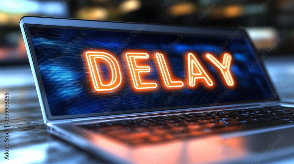 Aufkleber laptop computer with neon glowing delay text on screen, representing project postponement
