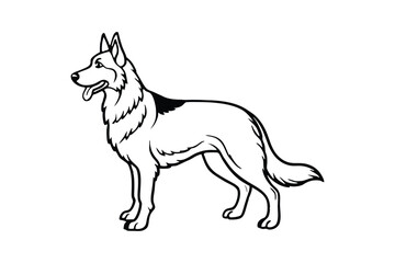 A black and white vector illustration of a German Shepherd standing alert with pointed ears.eps