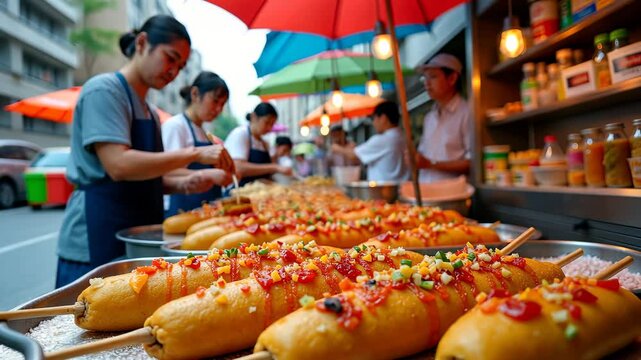 Street vendors preparing Korean-style corn dogs at vibrant outdoor food market - Powered by Adobe