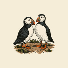 Two Puffins Standing Together on Ground with Small Green Plants