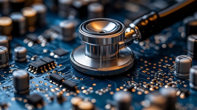 Stethoscope resting on a blue circuit board with components