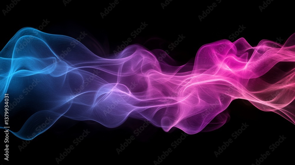 Poster glowing digital particles swirl in shades of blue and purple, forming abstract shapes on a black bac