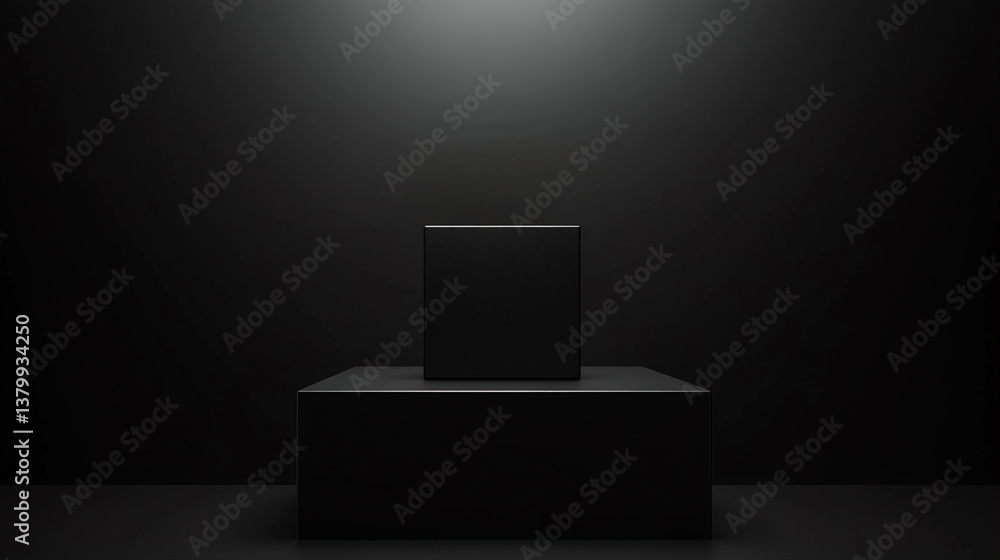 Poster a minimalistic composition of two black cubes against a dark background with soft overhead lighting