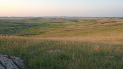 The vast rolling hills of green and golden grasslands are scenic