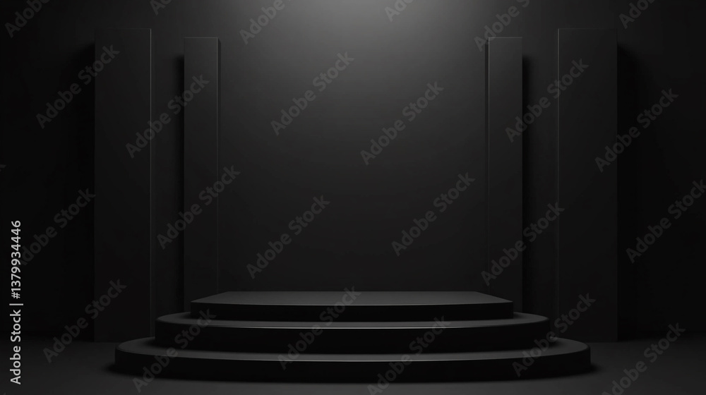 Poster a minimalist black stage with three steps and vertical panels in a dark room for product display