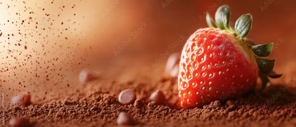 Aufkleber fresh strawberry on chocolate powder background with dusty cocoa particles creating a tasty and temp
