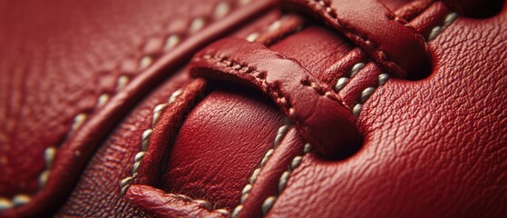 Close-Up View of Detailed Red Leather Lacing and Stitching Texture for Fashion and Accessory Design Inspiration
