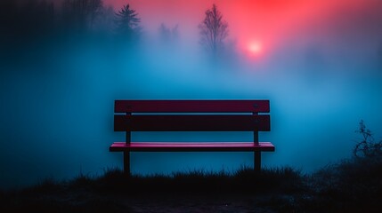 Obraz premium Empty Park Bench in Misty Forest with Neon Sunset & Silhouetted Trees 