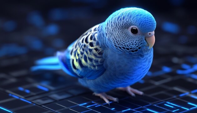 Blue Parakeet Perched on Futuristic Technology Background, Vibrant Digital Art, 3D Render