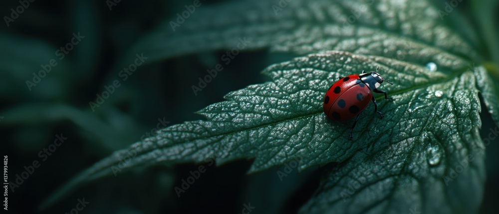 Poster close-up of a vibrant red ladybug on a textured green leaf in a nature setting captured in soft natu