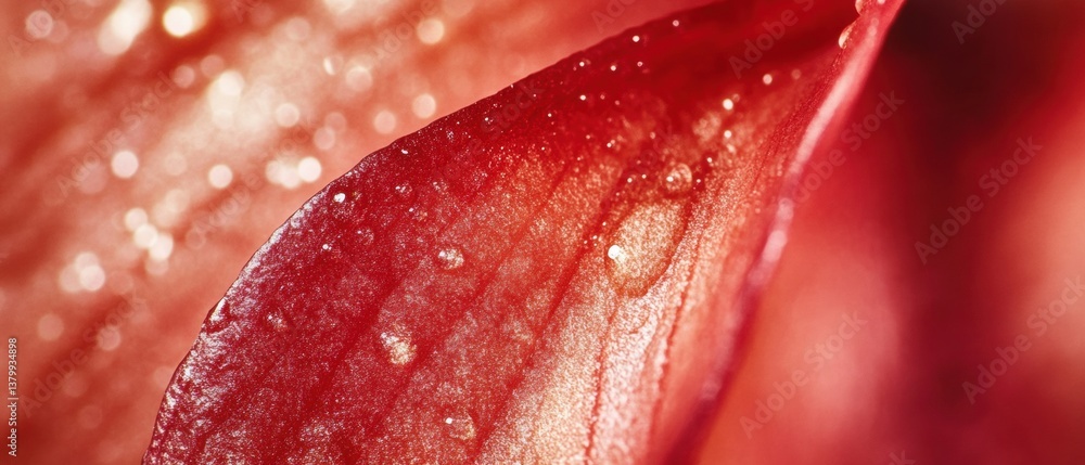 Poster close-up of a vibrant red flower petal with dew droplets, highlighting intricate texture and details