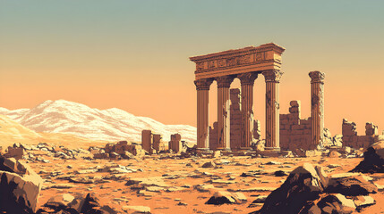 Fototapeta premium Ancient Stone Ruins in Desert Landscape with Blue Sky Pixel Art Style Graphic Illustration with Beige Color Palette